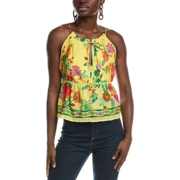 💕FARM RIO💕 Yellow Delicate Fruit Garden Sleeveless Blouse ~ Medium NWT